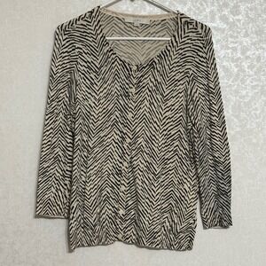Ann Taylor LOFT Chevron Print‎ Cardigan Sweater Black Tan Long Sleeve Knit Top M